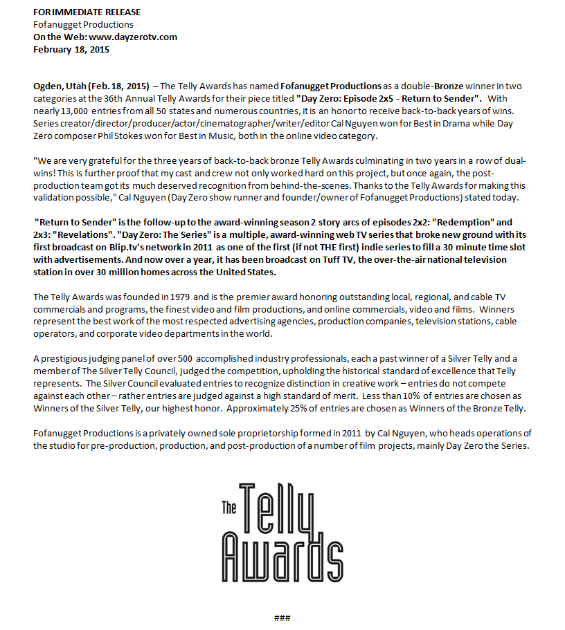 Day Zero press release bronze telly award 2015