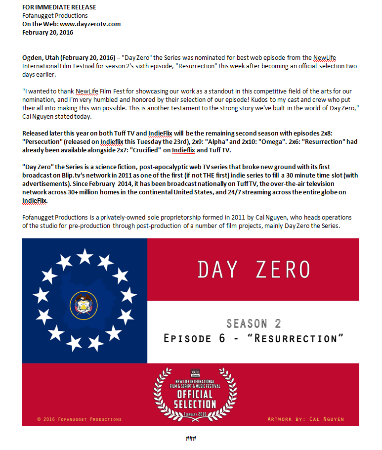day zero resurrection newlife film festival nomination nominee