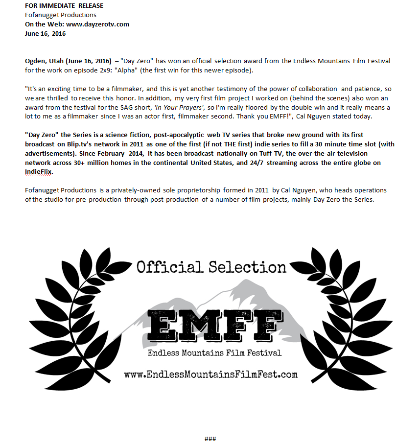 day zero emff endless mountains film festival day zero alpha episode season award official selection accepted acceptance new york Pennsylvania webseries tv television series show scifi science fiction apocalypse