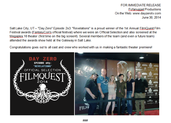 Day Zero Revelations episode tv television web series apocalyptic sci-fi award filmquest film festival winner official selection screening megaplex theater salt lake utah