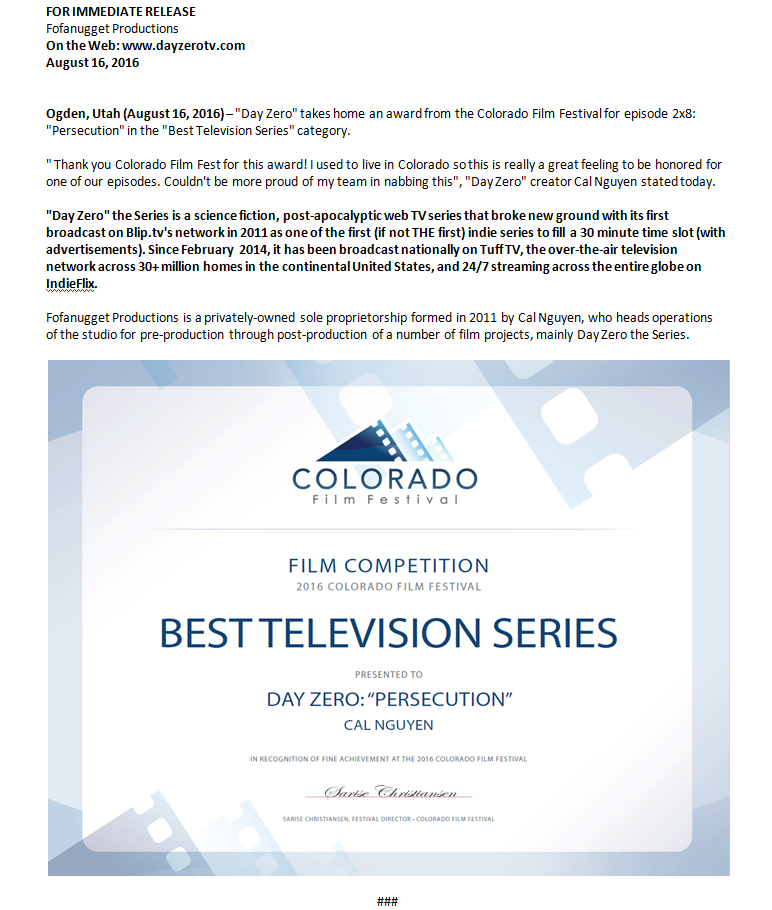 day zero series scifi apocalypse apocalyptic colorado film fest win award press release persecution